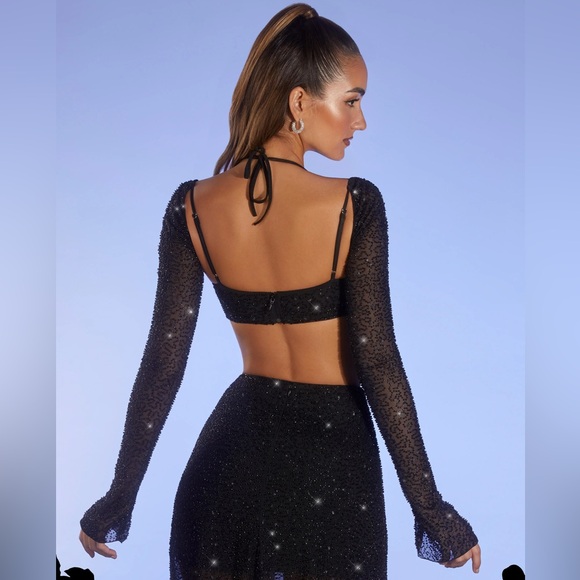 OH POLLY LUCERNE Embellished Long Sleeve Crop Top in Black - Picture 4 of 6